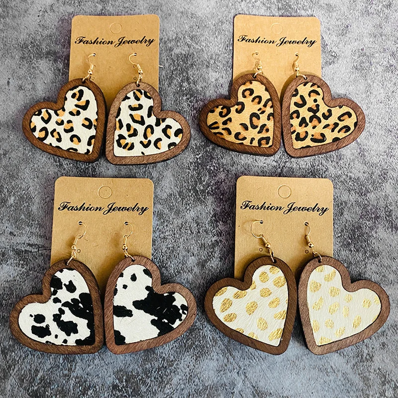 Drop Earrings for Anniversary -Wholesale Valentine's Day Genuine Leather Heart Leopard Print Horsehair Inlaid with Wooden Classic Retro Earrings