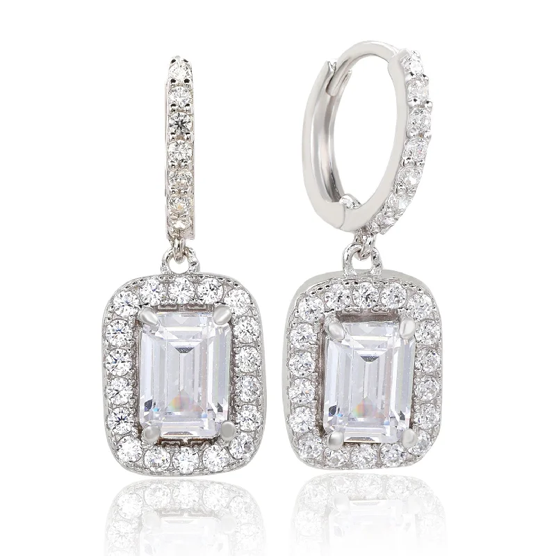 Magnetic Closure Drop Earrings for Easy -Suzy Levian Sterling Silver Cubic Zirconia Emerald Cut Halo Dangling Earrings