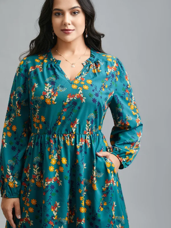 Plus size dresses featuring mesh overlays feel chic -Sandals for travel to warm destinations -Plus size dresses for Christmas -Floral Print Ruffled Notched Collar Midi Dress