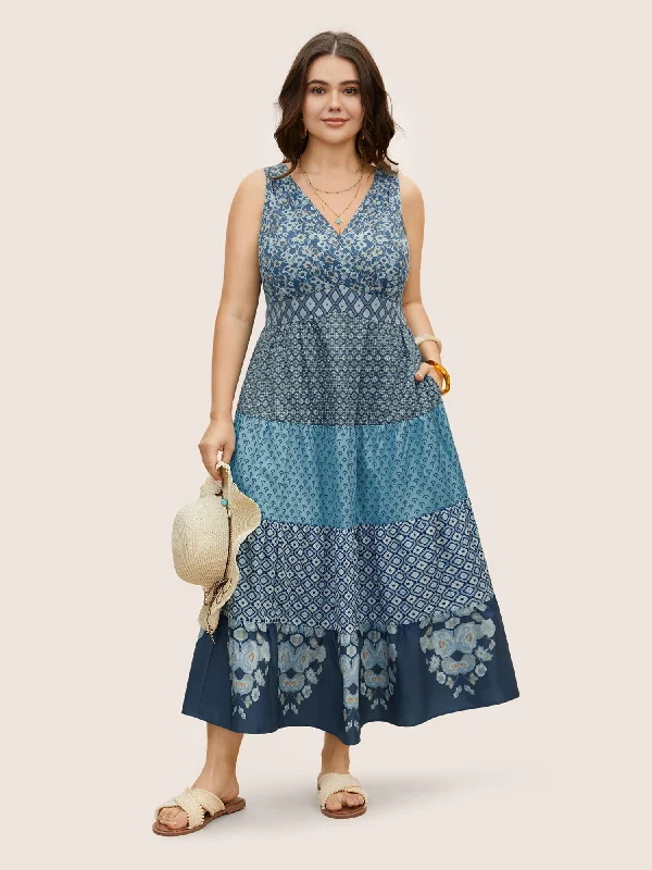 Plus size dresses with scoop necklines feel classic -Sandals for long walks in the city -Plus size dresses for small waist -Bandana Patchwork Floral Sleeveless Dress