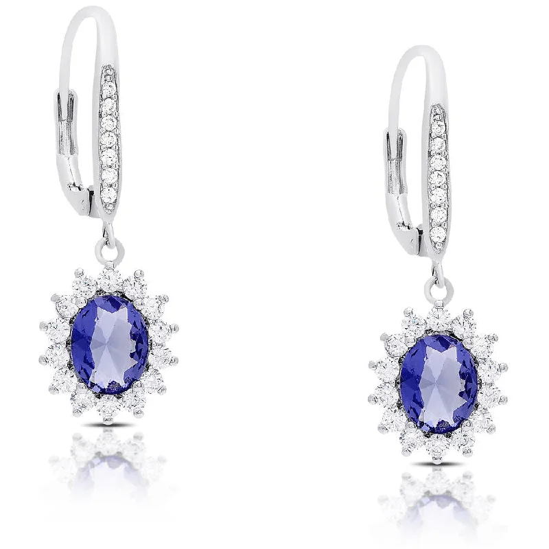 Push Back Drop Earrings for Convenience -Dolce Giavonna Silver Overlay Simulated Tanzanite and Cubic Zirconia Oval Dangle Earrings