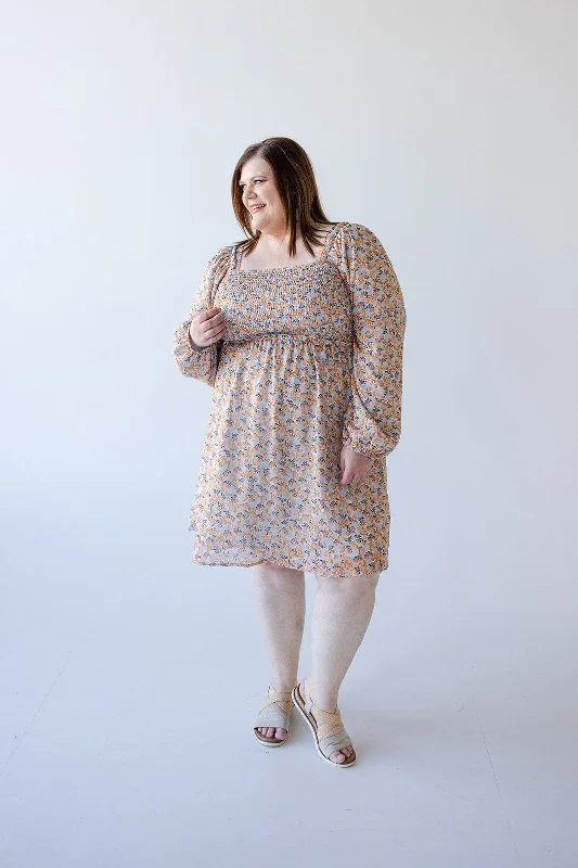 Plus size dresses with scoop necklines feel classic -Sandals for long walks in the city -Plus size dresses for small waist -SMOCKED BODICE LONG-SLEEVE KNEE LENGTH DRESS