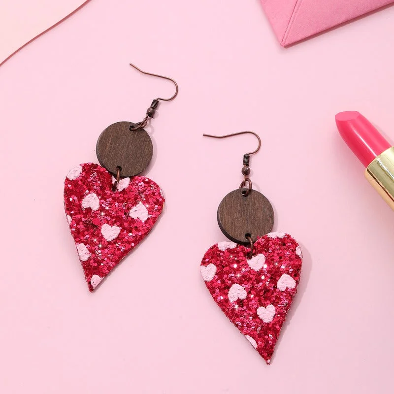 Drop Earrings with Keyhole Designs -Wholesale Valentine's Day Sequin Particles, Heart-shaped Leather Wooden Block Earrings