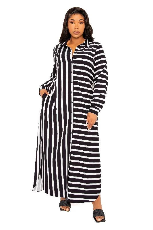 Plus size dresses featuring laser-cut details are unique -Sandals with toe rings -Plus size dresses for pear shaped women -Mixed Stripe Maxi Shirt Dress