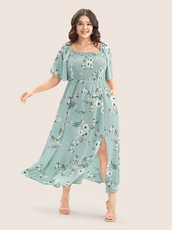 Plus size dresses with unique necklines add flair -Wide width sandals for women -Plus size dresses with pockets -Floral Square Neck Ruffles Pocket Shirred Split Dress