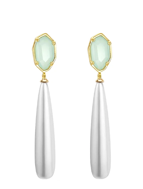 Gold Drop Earrings for Women -18k Gold Sea Green & Pearl Tear Drop Earrings