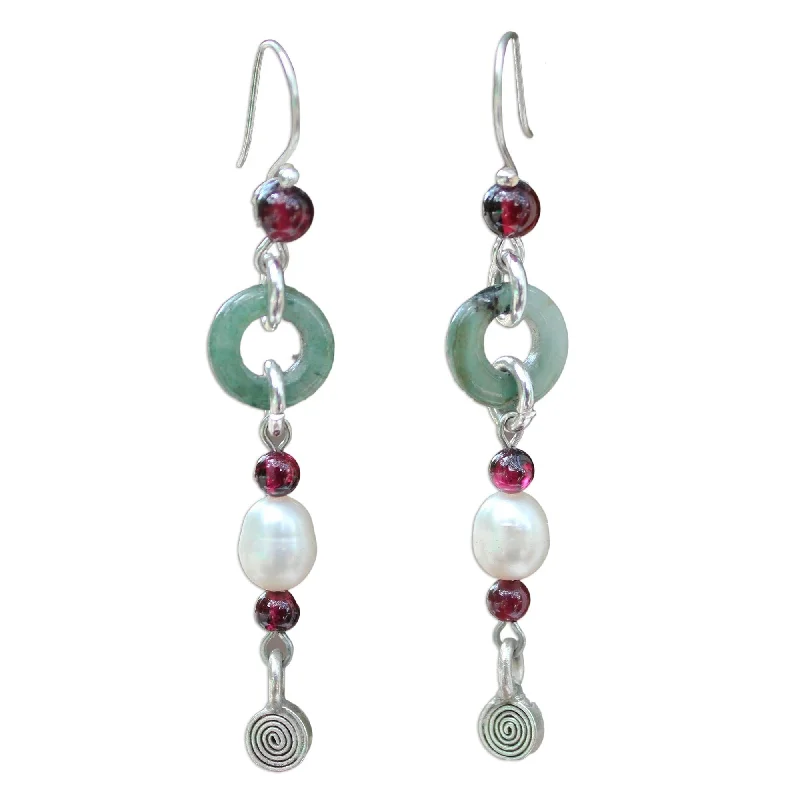 Bohemian Drop Earrings with Tassels -Novica Handmade Clouds Of Pearl Jade And Garnet Drop Earrings