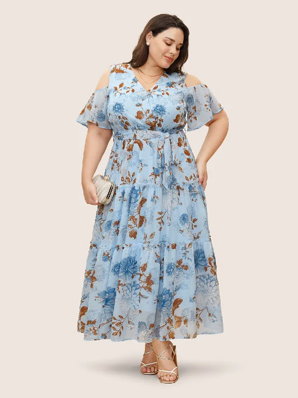 Plus size dresses with vibrant shades feel fun -Sandals with orthopedic support -Plus size dresses for athletic body -Floral Wrap Mesh Ruffle Sleeve Dress