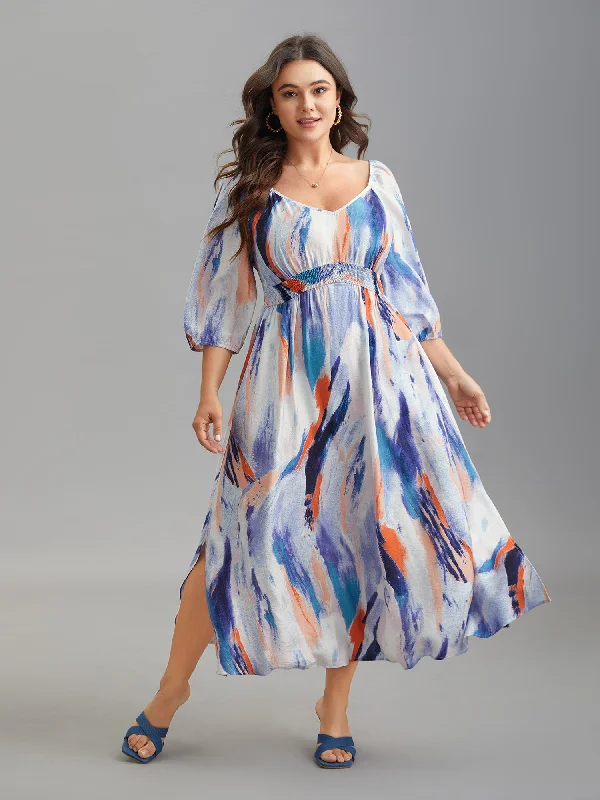 Plus size dresses with durable fabrics endure wear -Women's sandals with floral accents -Plus size dresses with decorative buttons -Abstract Print Waist-Cinched Split Hem Maxi Dress