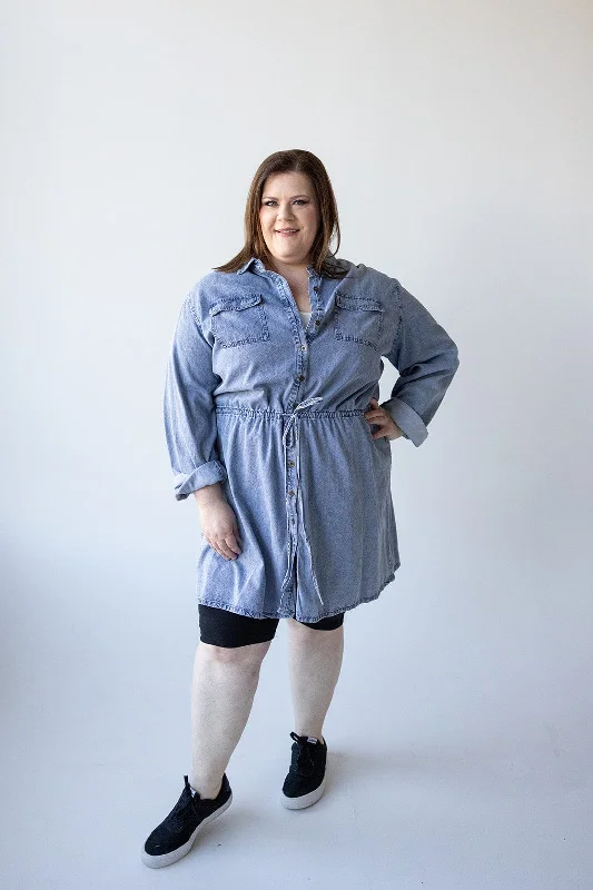 Plus size dresses featuring floral patterns feel fresh -Sandals for wide feet -Plus size evening dresses -CHAMBRAY SHIRTDRESS WITH DRAWSTRING WAIST