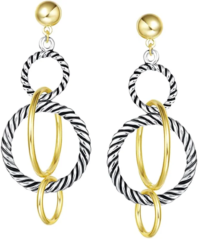 Drop Earrings for School Uniform -18k Gold Two Tone Textured Multi Ring Drop Earrings