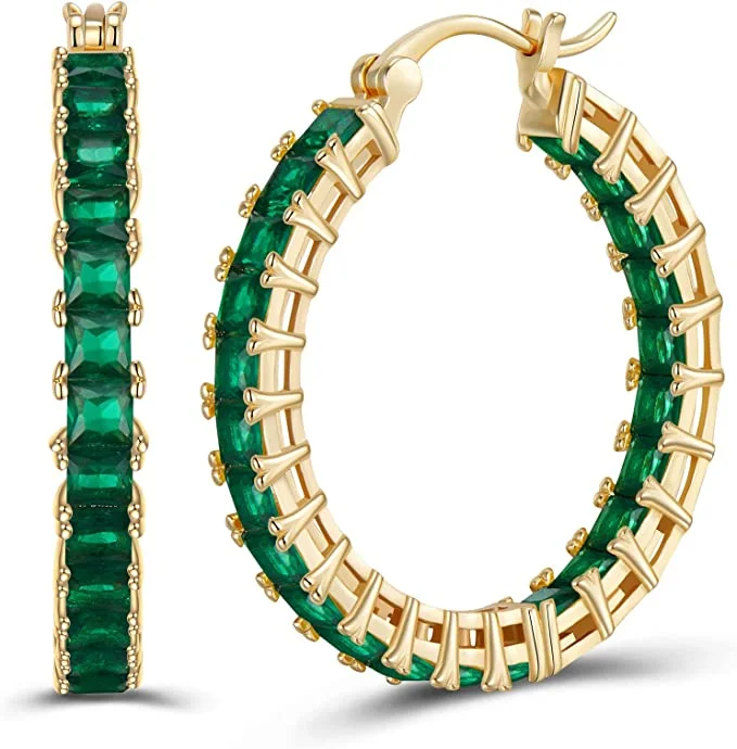 Drop Earrings for Mother's Day -18K Gold Green Princess Cut hoop earrings