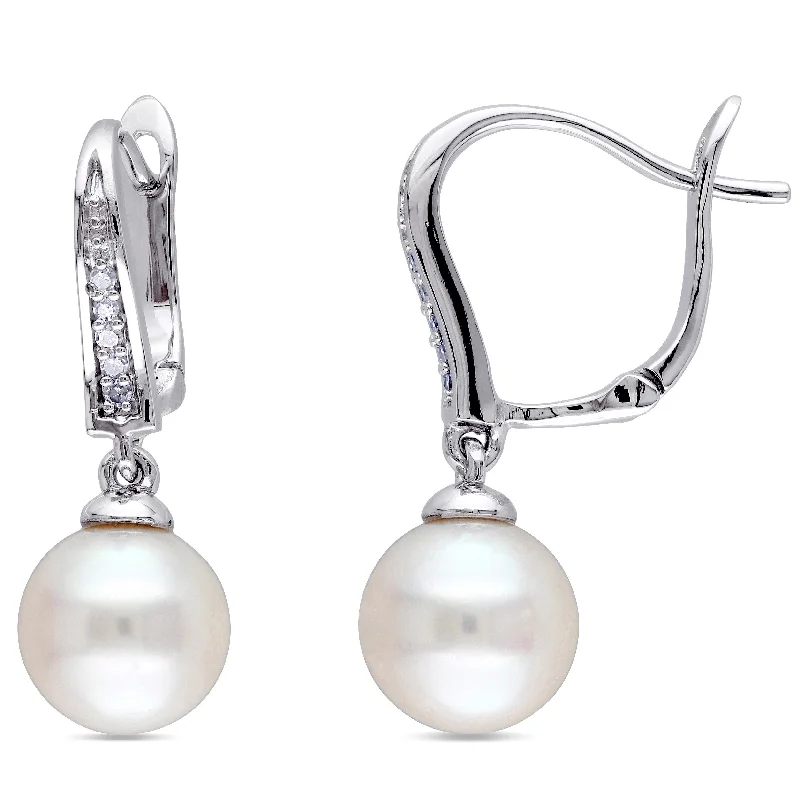 Minimalist Drop Earrings with Simplicity -Mimi & Max 8-8.5mm White Cultured Freshwater Pearl and Diamond Drop Leverback Earrings in Sterling Silver