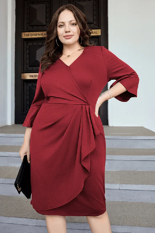 Plus size dresses for trendy vibes stay current -Sandals for women with bunions -Plus size dresses with pleats -HN Overlay Decorated 3/4 Sleeve V-Neck Straight Dress