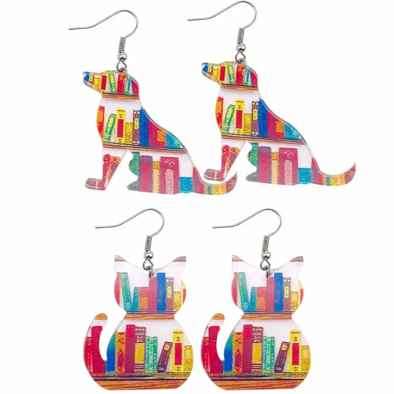 Drop Earrings with Hammered Finish -Wholesale Acrylic Teacher's Day Cat Dog Bookshelf Earrings