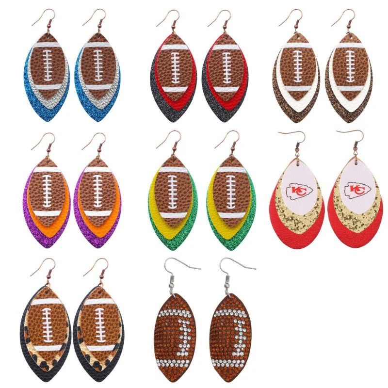 Lead Free Drop Earrings for Health -Wholesale Sports Style Rugby Brown Leopard Print Leaf Three-layer Leather Dot Diamond Rugby Earrings