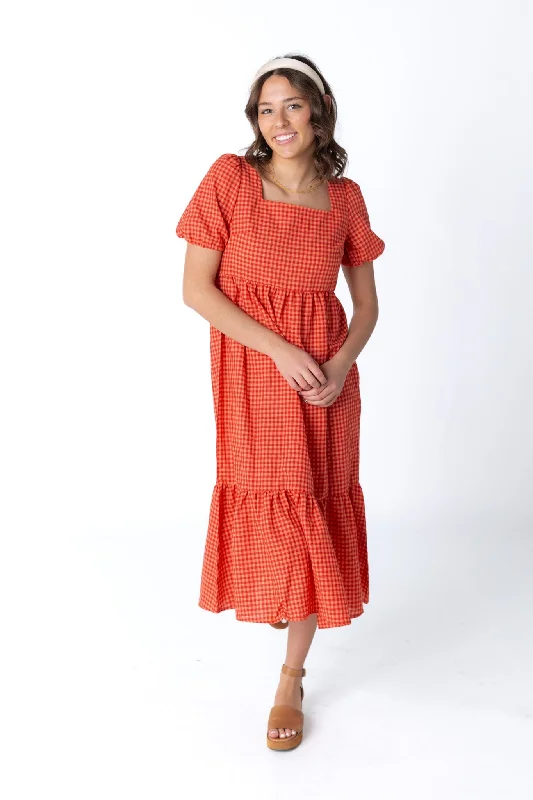 Plus size dresses featuring beaded hems are ornate -Sandals with cushioned footbeds for comfort -Plus size dresses for cocktail hour -Brass & Roe Gingham Square Neck Dress - Fall