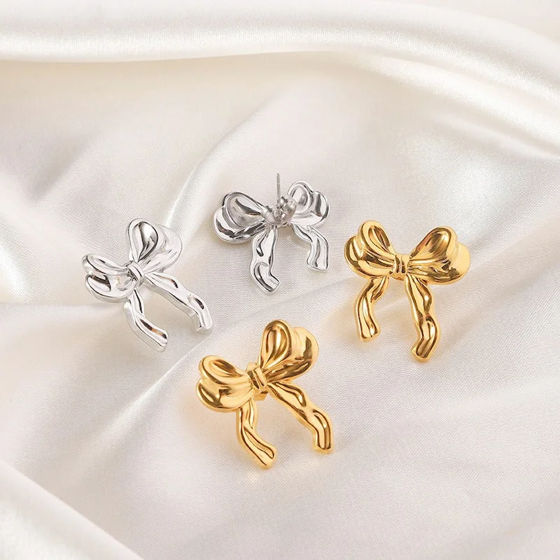 Nickel Free Drop Earrings for Safety -Wholesale Retro Premium Double layered Bow Stainless Steel 18k Genuine Gold Plated Color Preserved Earrings