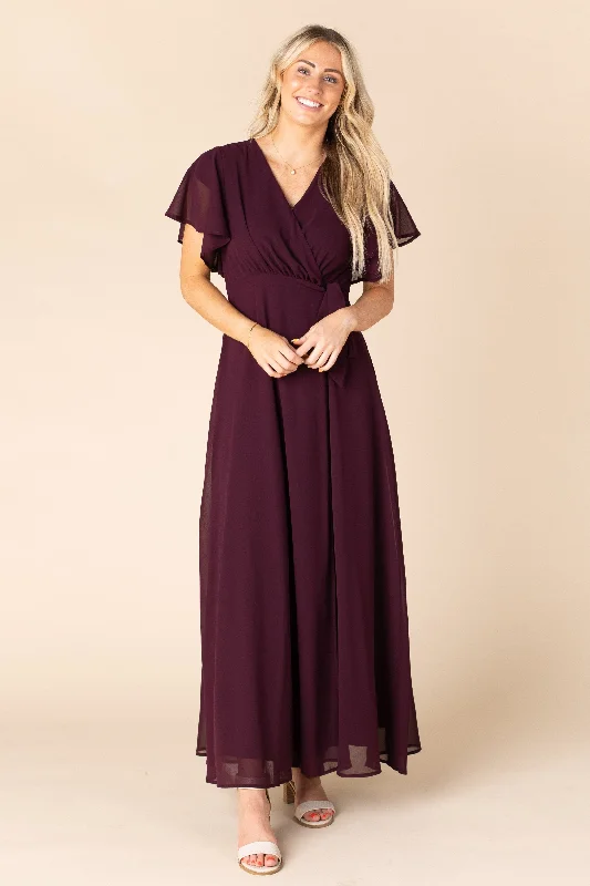 Plus size dresses for summer nights shimmer lightly -Sandals for women with swollen feet -Plus size dresses for dressy casual wear -Naples Flutter Sleeve Wrap Maxi - Wine