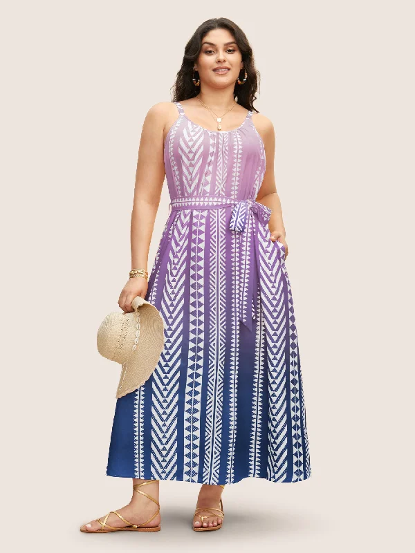 Plus size dresses with sturdy seams last long -Comfortable sandals for office wear -Plus size dresses for baby showers -Ombre Contrast Geometric Belted Maxi Dress