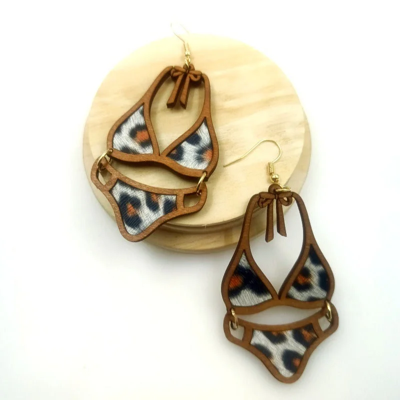 Push Back Drop Earrings for Convenience -Wholesale Wood Cutting Hollow Double-layer Adhesive Leather Personalized and Fashionable Leopard Print Earrings