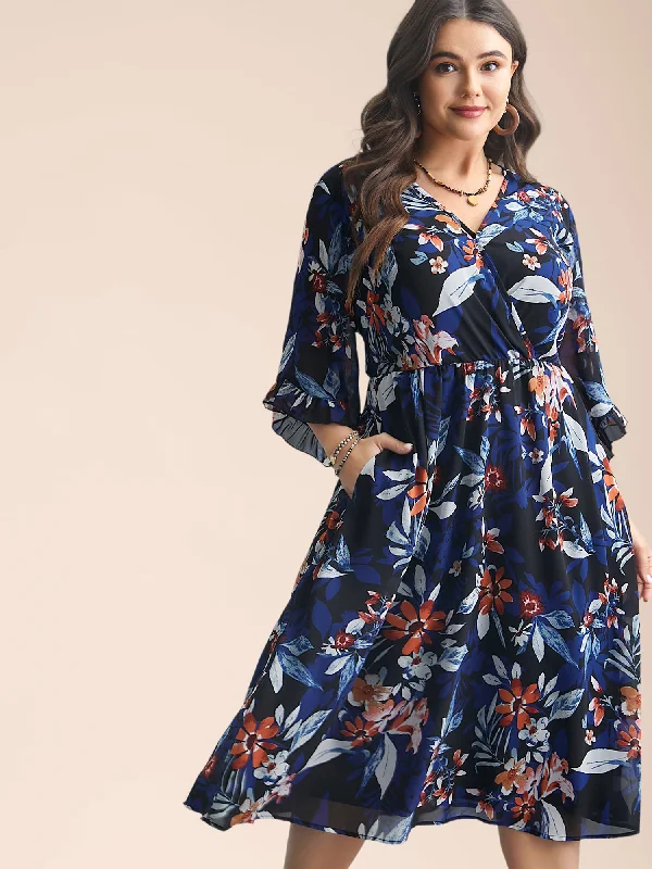 Plus size dresses with breathable layers stay airy -Sandals with fabric straps -Plus size dresses for office wear -Chiffon Tropical Print Surplice Neck Midi Dress