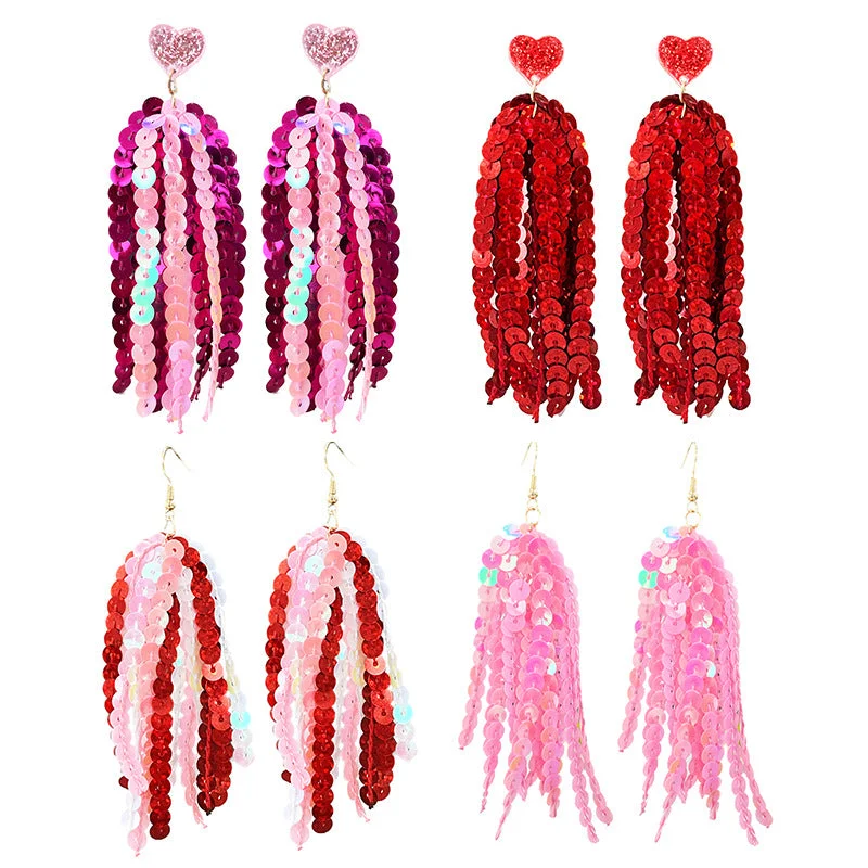 Round Drop Earrings for Classic -Wholesale 2pcs Valentine's Day Glitter Pink Atmosphere Love Shiny Tassel Temperament Color Matching Fashion Earrings