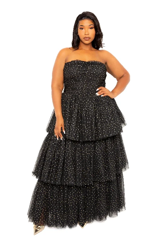 Plus size dresses with timeless cuts suit all -Sandals with wide toe straps -Plus size dresses for plus size teens -Metallic Polka Dot Tiered Tulle Dress