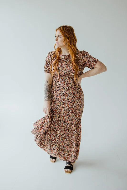 Plus size dresses for long days support fully -Sandals for travel and hiking -Plus size dresses with sleeves -SCOOP NECK MIDI LENGTH DRESS WITH KICK HEM IN AUTUMN BOUQUET