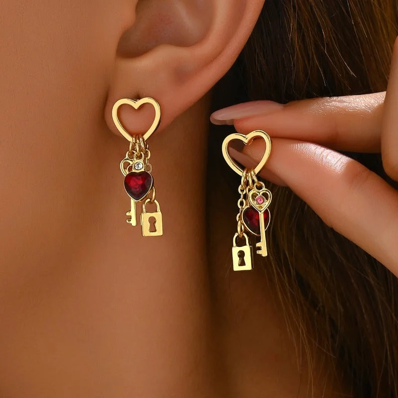 Long Drop Earrings for Dramatic -Wholesale Minimalist Light Luxury Style Heart Set Diamond Lock Shaped Fashionable High-end Earrings