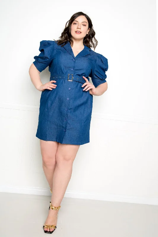 Plus size dresses featuring lace sleeves feel luxe -Sandals with soft sole for comfort -Plus size dresses with polka dots -Denim Mini Dress with Shoulder Accent