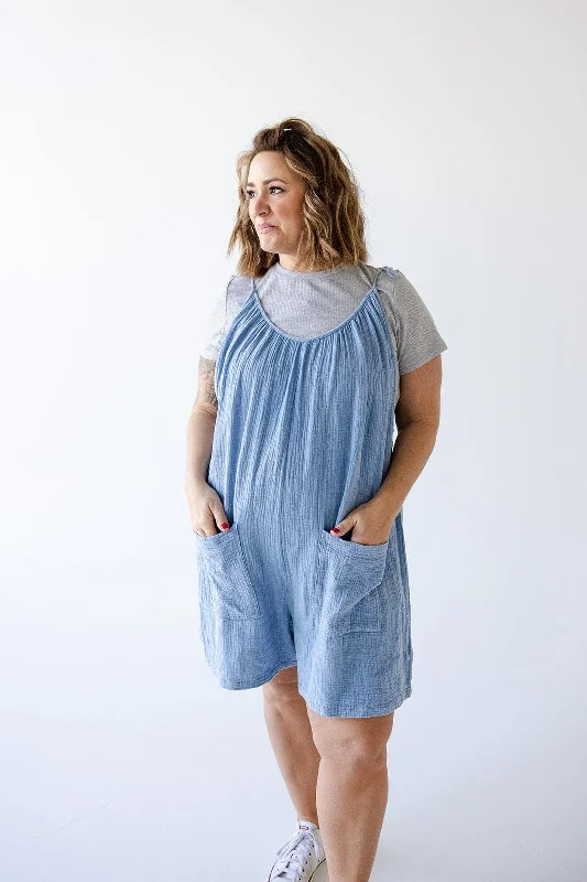 Plus size dresses featuring textured weaves add interest -Fashionable sandals for women -Plus size wrap dresses -TEXTURED COTTON ROMPER IN CHAMBRAY