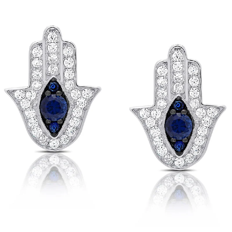 Small Drop Earrings for Delicate -Dolce Giavonna Sterling Silver Simulated Sapphire and Cubic Zirconia Hamsa Hand Earrings