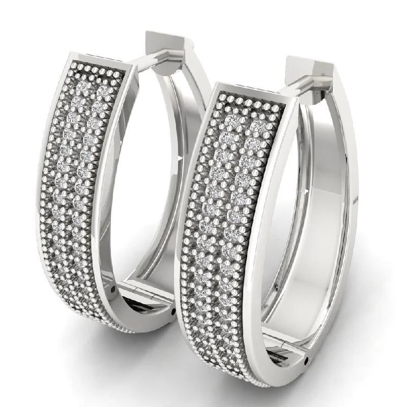 Drop Earrings with Debossed Designs -1/4ct IGI Certified Diamond Hoop Earrings in Sterling Silver