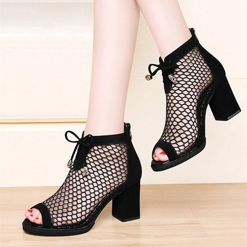 Stylish sandals for men with leather straps and simple yet sophisticated design-Black Mesh High Heels Zipper Sandals