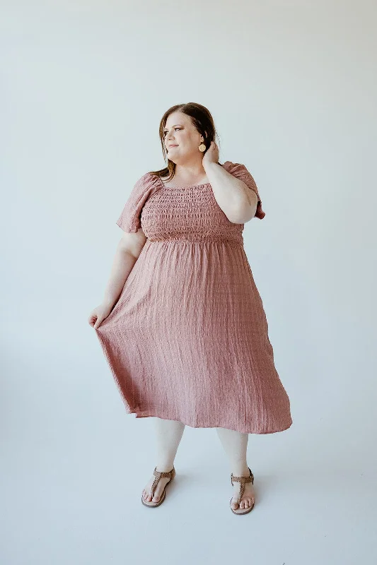 Plus size dresses featuring fringe accents feel bold -Sandals with toe protection -Plus size dresses with bold prints -FLUTTER SLEEVE TEXTURED KNEE LENGTH DRESS IN MAUVE MIST