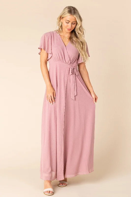 Plus size dresses for winter layer warmly -Sandals for arch support and comfort -Plus size winter dresses -Naples Flutter Sleeve Wrap Maxi - Rose