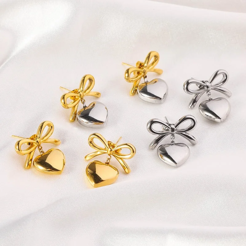 Hippie Drop Earrings with Beads -Wholesale Light Luxury Retro Stainless Steel Plated 18k Gold Bow Titanium Steel Heart Earrings