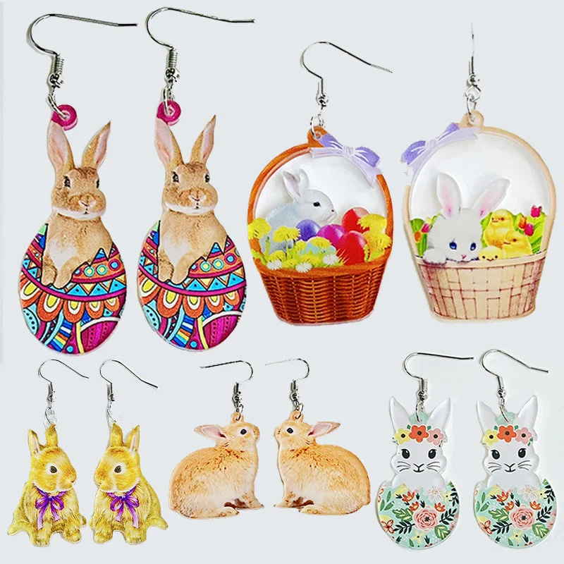 Drop Earrings for Casual Outfit -Wholesale Rabbit Flower Basket Cute Printed Easter Egg Chicken Spring Flower Earrings