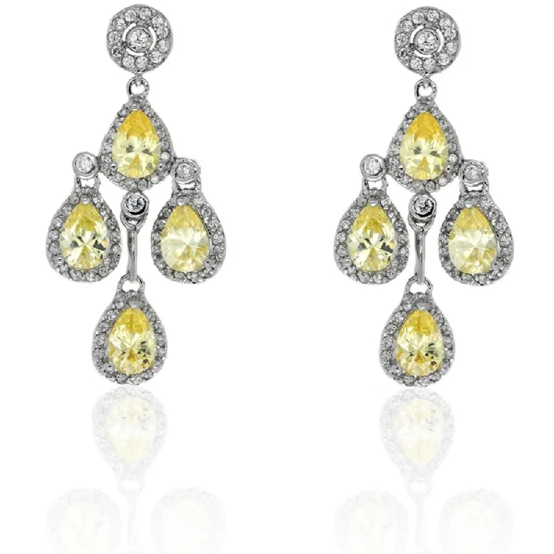 Drop Earrings for Graduation Day -Dolce Giavonna Silver Overlay Yellow and White CZ Chandelier Earrings