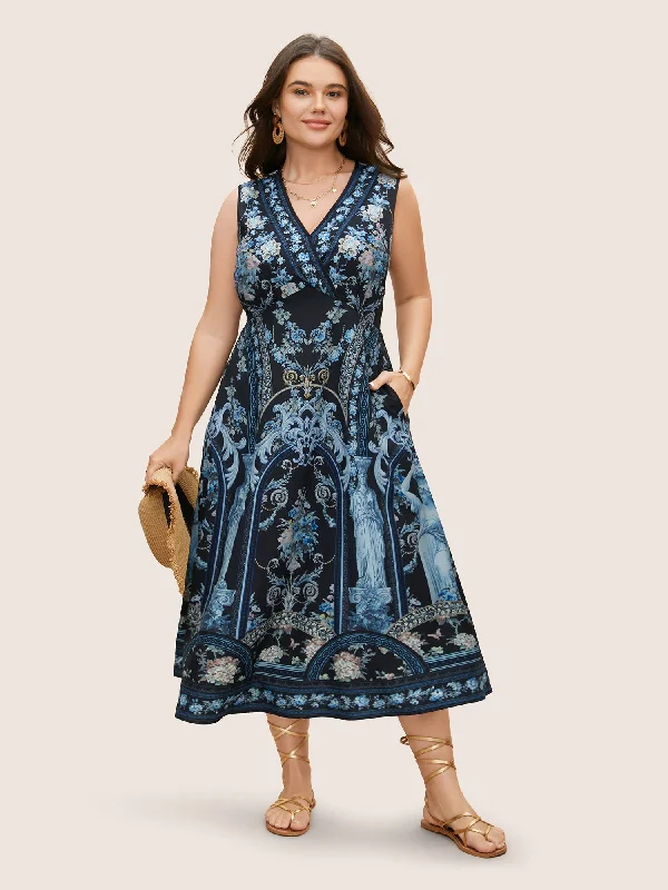 Plus size dresses featuring beaded hems are ornate -Durable sandals for summer hikes -Plus size dresses for apple shape -V Neck Boho Print Sleeveless Midi Dress