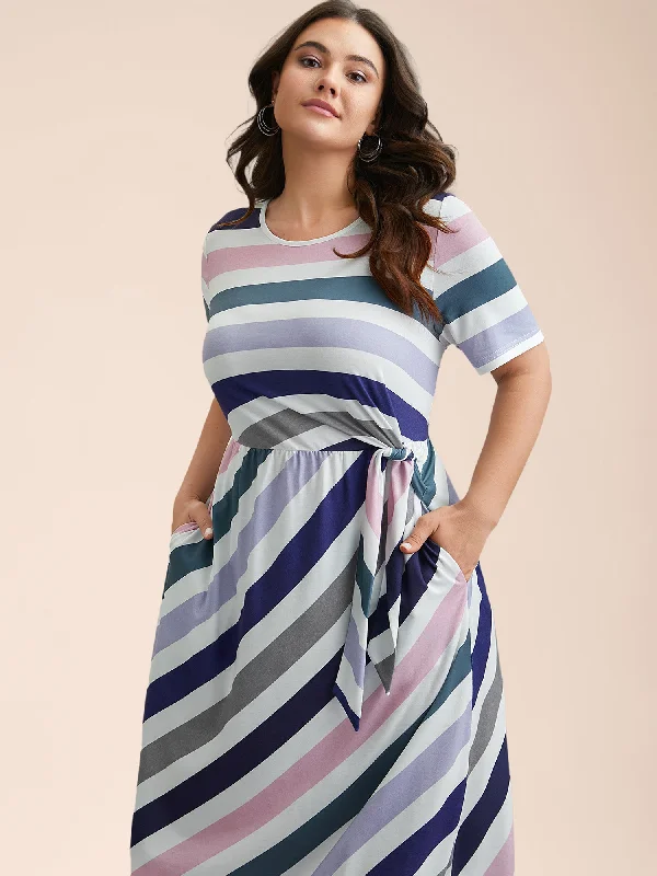 Plus size dresses with classic designs never fade -Trendy gladiator sandals for women -Plus size dresses with prints -Striped Waist-Tie Half Sleeve Midi Dress