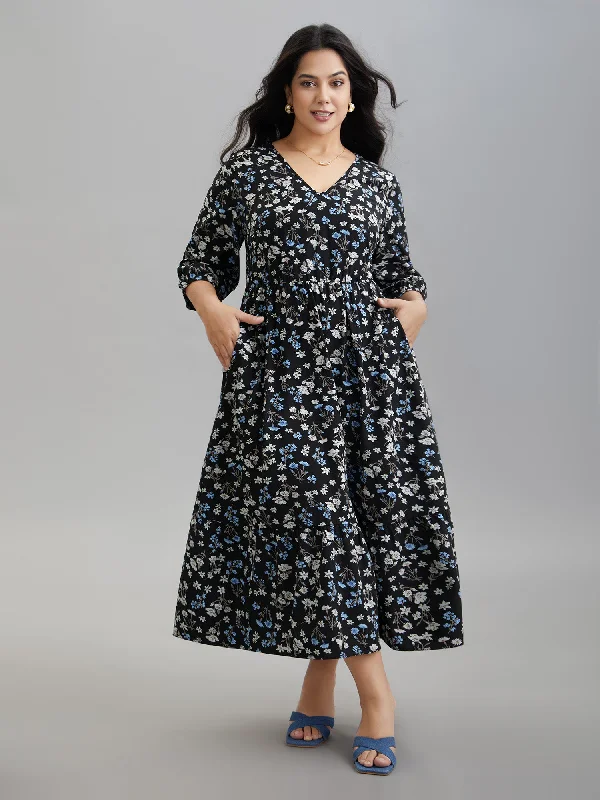 Plus size dresses featuring tie-dye patterns are quirky -Sandals with cushioned footbed -Plus size dresses for curvy women -Floral Print Stretchy-Waist Pockets Midi Dress