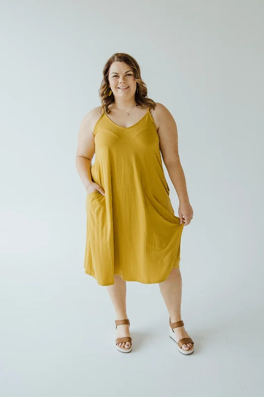 Plus size dresses with unique cuts stand apart -Sandals with wedge platform -Plus size dresses for casual chic style -KNEE LENGTH A-LINE CAMI DRESS IN GOLDEN OLIVE