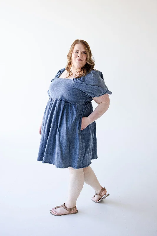 Plus size dresses featuring fuzzy accents are warm -Summer sandals with straps -Plus size dresses for holidays -BUBBLE SLEEVE DENIM DRESS