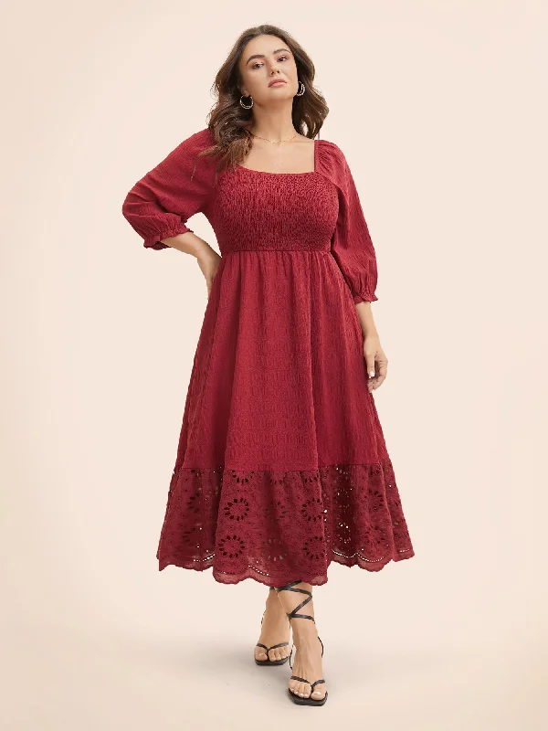 Plus size dresses for summer keep you cool -Sandals for hot weather -Plus size floral dresses -Square Neck Broderie Anglaise Patchwork Shirred Dress