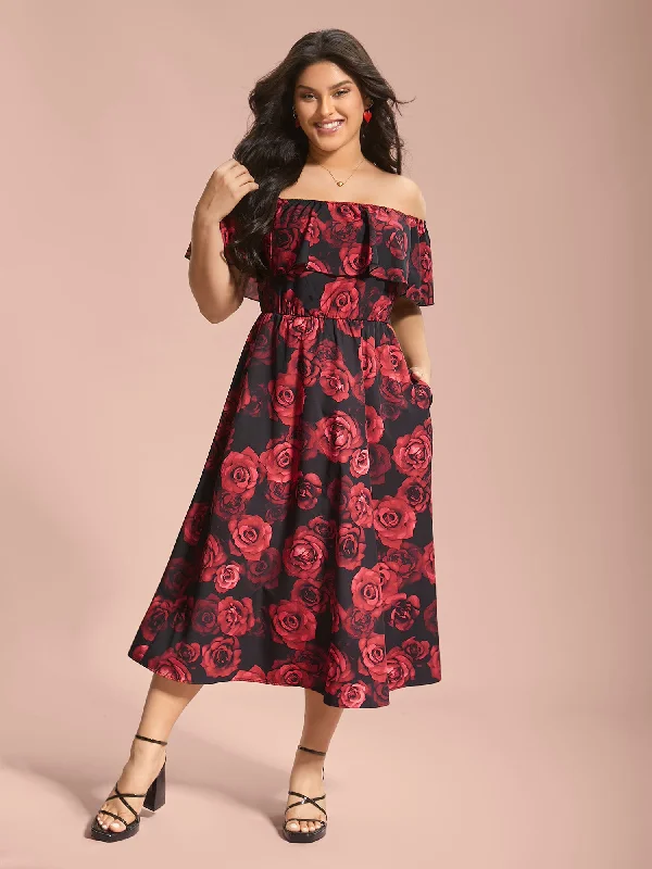 Plus size dresses with stretchy knits hug curves -Luxury sandals for women -Plus size dresses for full figure women -Off-Shoulder Rose Pattern Ruffled Dress