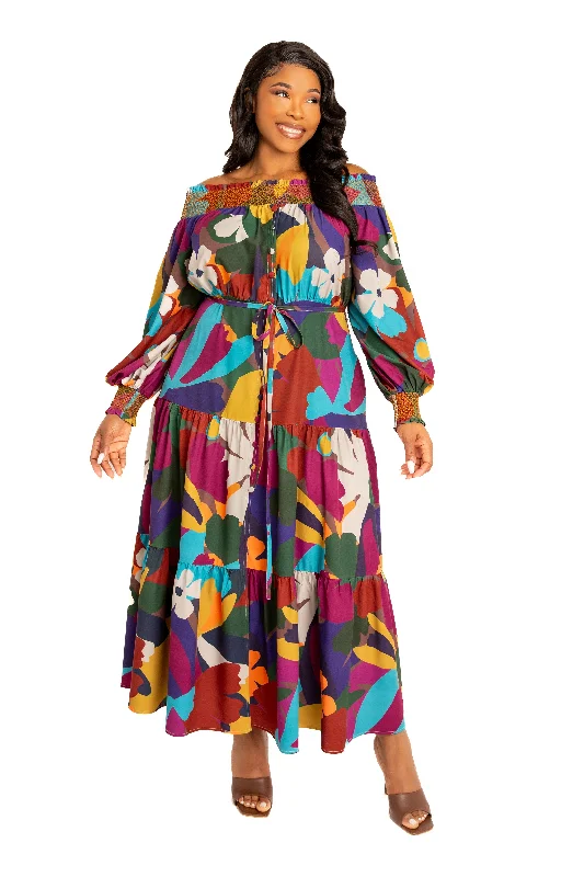 Plus size dresses for trendy vibes stay current -Casual sandals for everyday wear -Plus size casual dresses -Floral Smocked Off Shoulder Dress