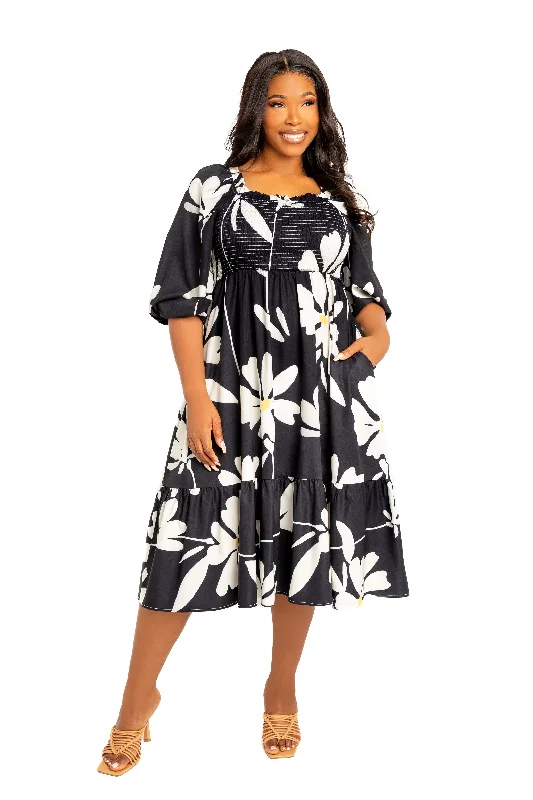 Plus size dresses for autumn days feel cozy -Sandals with toe rings -Plus size dresses for pear shaped women -Floral Smocked Puff Sleeve Dress