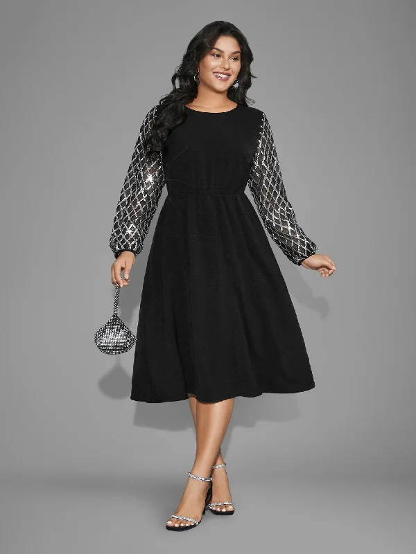 Plus size dresses with lightweight knits feel breezy -Sandals for plus size women -Plus size dresses with lace details -Texture Sequin Mesh Patchwork Belted Dress